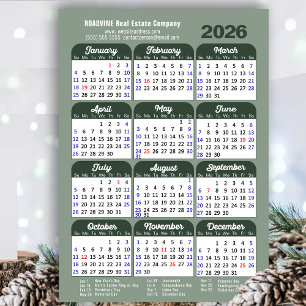 Cartão De Festividades Modern Sage Green 2026 Calendar Business Simples