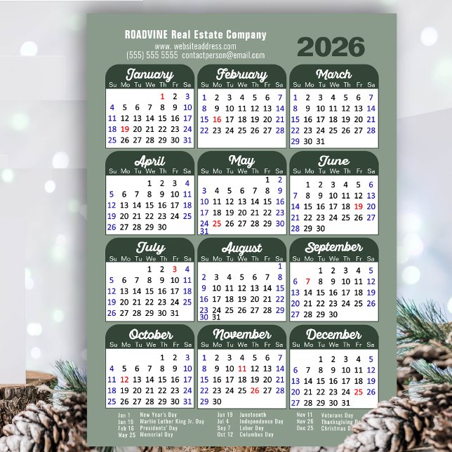 Cartão De Festividades Modern Sage Green 2026 Calendar Business Simples (Criador carregado)