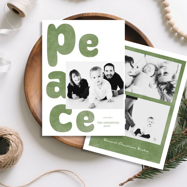 Cartão De Festividades Modern Sage Green PEACE Photo (Modern Sage Green PEACE Photo Holiday Card)