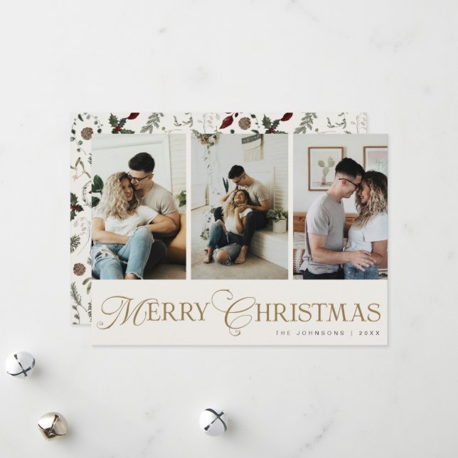 Cartão De Festividades Modern Script 3 Photo Collage Merry Christmas (Frente/Verso In Situ)