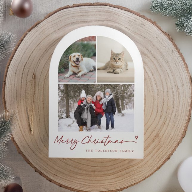 Cartão De Festividades Modern Script Arch Family Photo Christmas (Modern arch Christmas card with red and white photo collage, minimalist script, and small heart.)