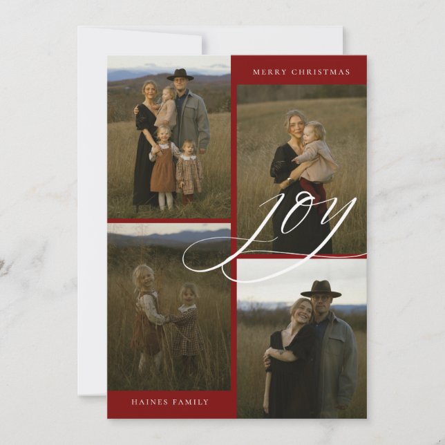 Cartão De Festividades Modern Script Joy 4 Photo Christmas (Frente)