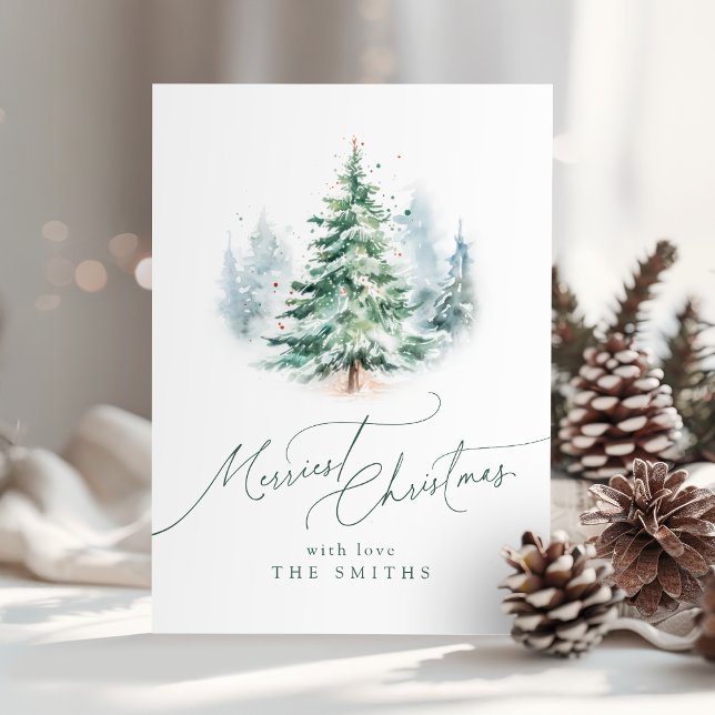 Cartão De Festividades Modern Script Merriest Christmas Tree (Modern Script Merriest Christmas Tree Holiday Card)