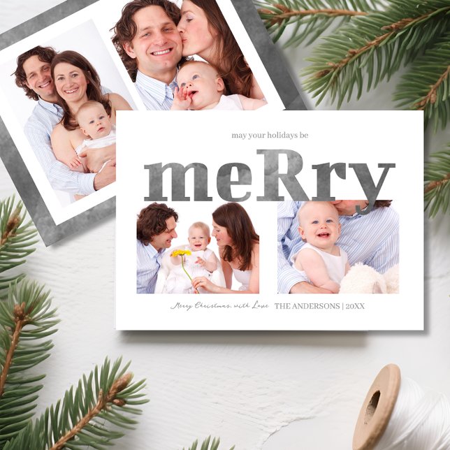 Cartão De Festividades Modern Silver “Merry” Typography Photo Family (Modern Silver “Merry” Typography Photo Family Holiday Card)