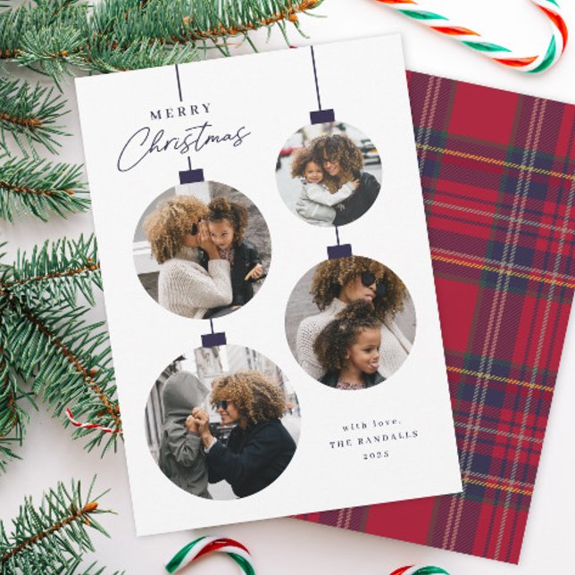 Cartão De Festividades Modern Simple Christmas Ornament 4 Photo (Modern 4 Photo Christmas Treen Ornament Holiday Cards.)