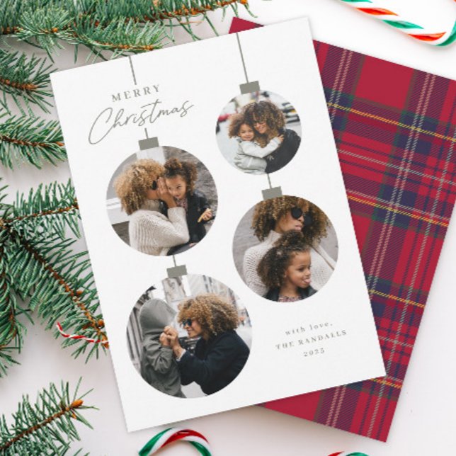 Cartão De Festividades Modern Simple Christmas Ornament 4 Photo (Modern Sage Green 4 Photo Collage Ornament Christmas Cards.)