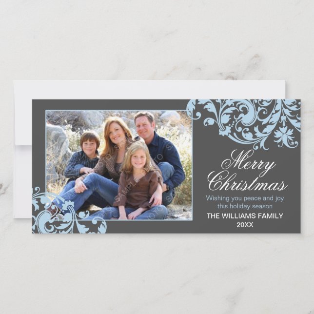 Cartão De Festividades Modern Swirl Flourish Christmas Gray and Blue (Frente)