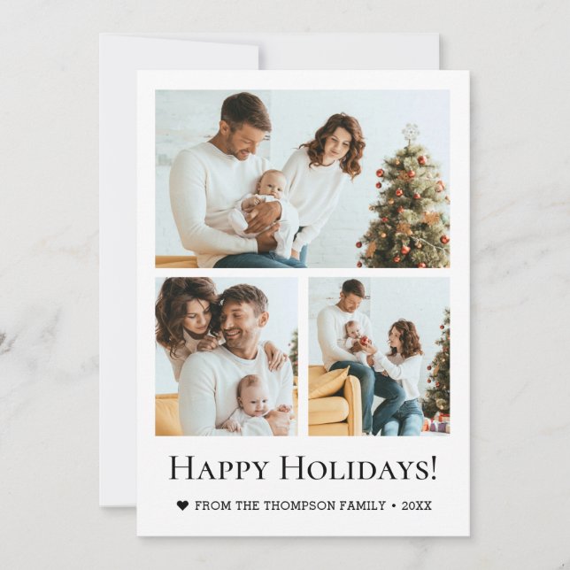 Cartão De Festividades Modern Three Photo Family Christmas happy holidays (Frente)