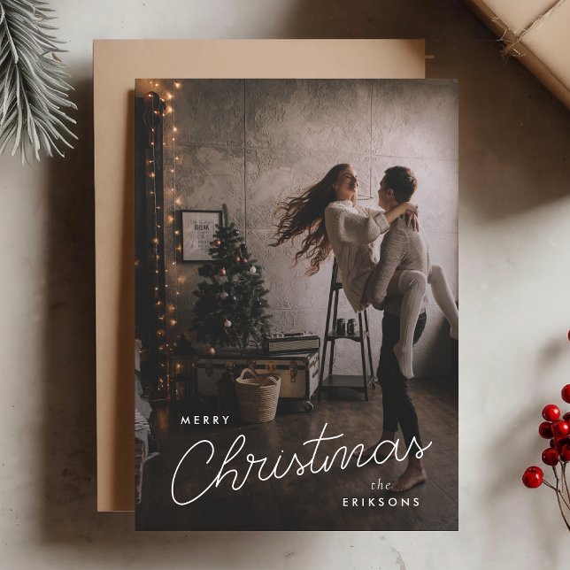Cartão De Festividades Modern Trendy Christmas | Foto de Casal escuro (Celebrate the season with a full photo vertical holiday card, personalized with your name and photo)