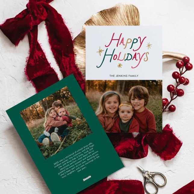 Cartão De Festividades Modern Typography Happy Holidays Two Photo Card (Minimal Modern Happy Holidays Photo Christmas Card)