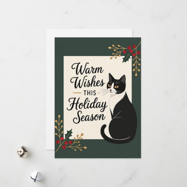 Cartão De Festividades Modern Warm Wishes Cat Christmas Holiday Flat Card (Frente/Verso In Situ)