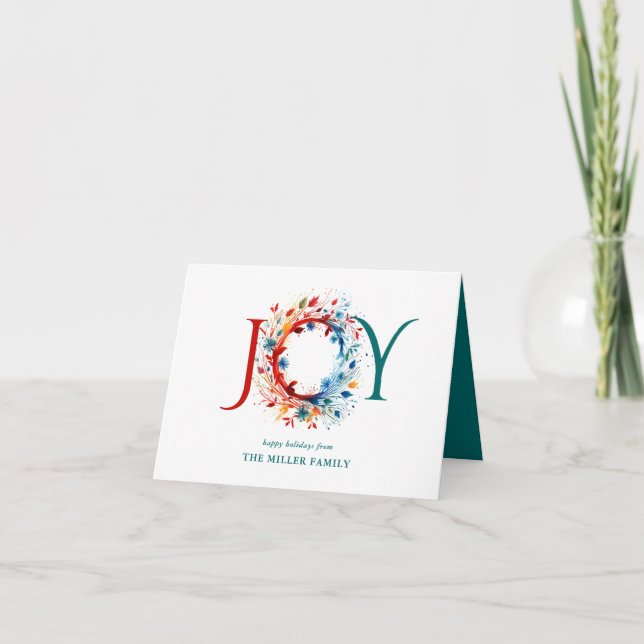 Cartão De Festividades Modern Watercolor Christmas JOY Botanical Wreath (Frente)