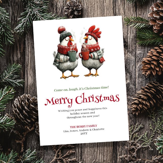 Cartão De Festividades Modern whimsical chickens Christmas greeting card (Modern whimsical chickens Christmas greeting card

)