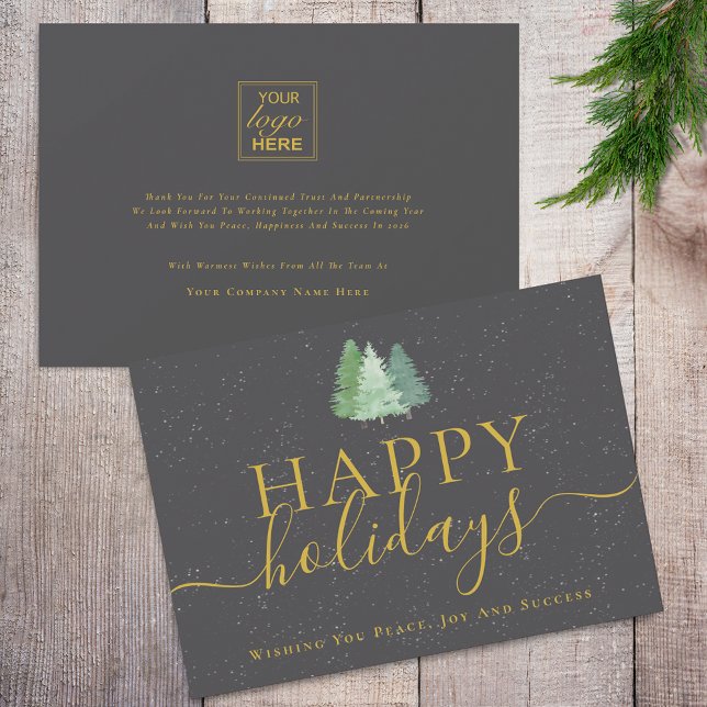 Cartão De Festividades Modern Woodland Snow Your Logo Gray Gold Business (Modern christmas woodland snow happy holidays business logo gold and gray holiday card)