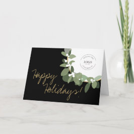 Cartão De Festividades Modern Wreath Your Logo Company Holiday Gold black