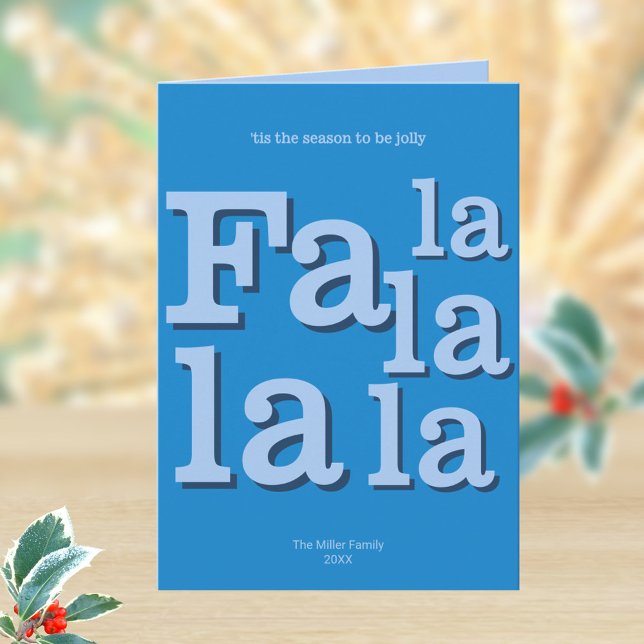 Cartão De Festividades Moderna Fa La Sky Blue Simple Typografia Trendent (Personalized folded Christmas greeting cards in bright sky blue)