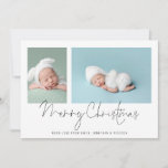 Cartão De Festividades Moderno 2 Fotografias Collage Baby First Christmas<br><div class="desc">Filme de Foto da Família Moderna 2 Bebê Primeiro Cartão de Natal. Basta substituir as duas fotos de exemplo por suas próprias e personalizar com suas saudações e nomes na parte inferior. Feliz Natal está em um roteiro de na moda. Também disponível como um download digital imprimível.</div>