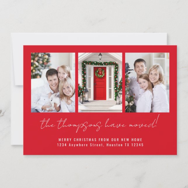 Cartão De Festividades Moderno 3 Fotos Feliz Natal do Novo Vermelho Domés (Frente)