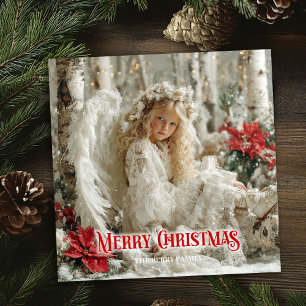 Cartão De Festividades Moderno anjo vitoriano poinsettia vermelha elegant