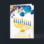 Cartão De Festividades Moderno Blue e Dourado Menorah Happy Hanukkah Holi<br><div class="desc">O moderno Blue & Dourado Menorah Happy Hanukkah Holiday Card apresenta o fundo branco,  rosas azuis e dourados e velas Hanukkah.O dentro do cartão tem uma mensagem pessoal modelo.Clique no botão personalizar para personalizá-lo com seu próprio texto.</div>