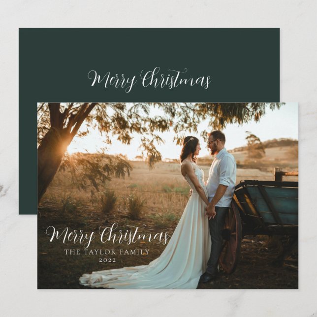 Cartão De Festividades Moderno Casal de Natal Boho Stylish Verde Foto (Frente/Verso)