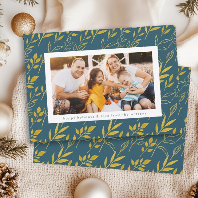 Cartão De Festividades Moderno Dourado Aquarela Deixa Foto Natal (Criador carregado)