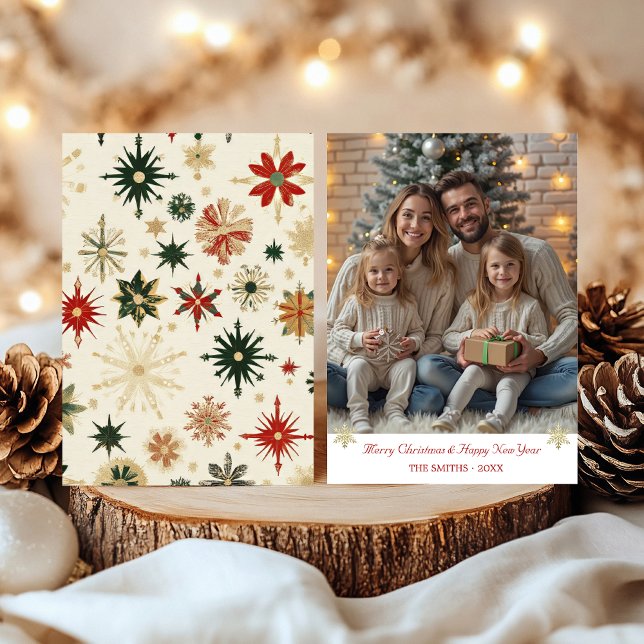 Cartão De Festividades Moderno Dourado Snowflakes, uma foto (Modern Gold Snowflakes one photo Holiday Card)