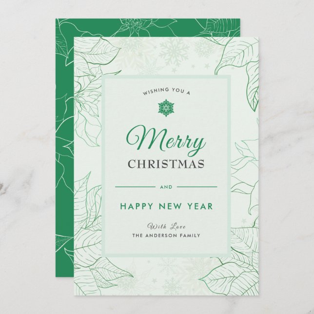 Cartão De Festividades Moderno Elegante Poinsettia Floral Verde (Frente/Verso)