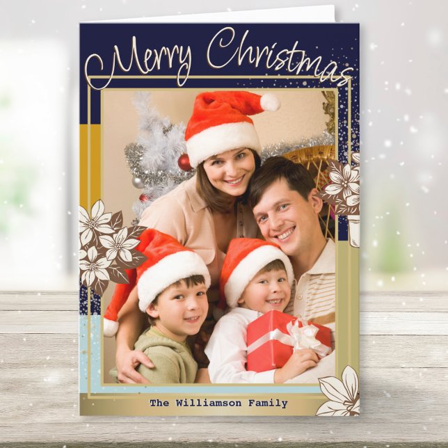 Cartão De Festividades Moderno Floral Azul Dourado Foto Feliz Natal (A contemporary blue and faux gold Christmas card to personalize with your own photo and name(s))