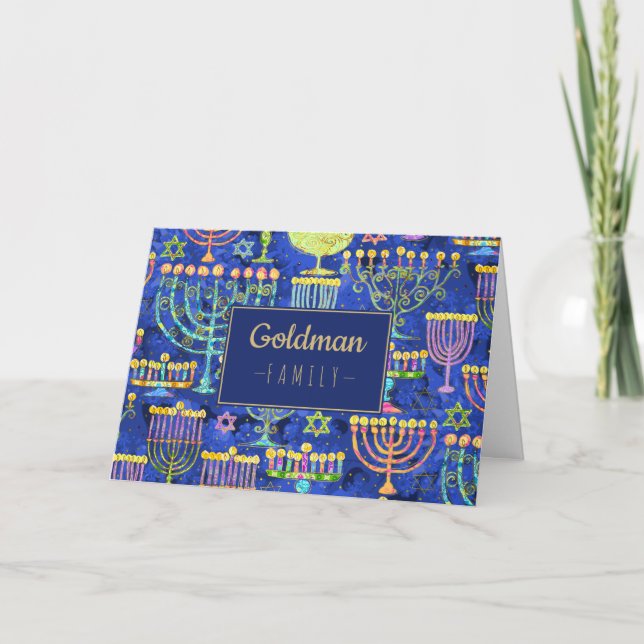 Cartão De Festividades Moderno Hanukkah Blue Dourado Menorah Star de Davi (Frente)