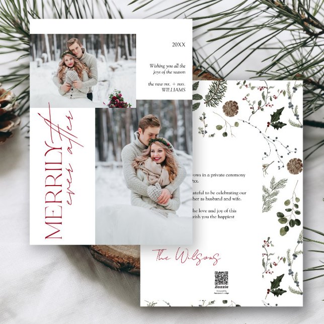 Cartão De Festividades Moderno Merrily Após Casamento 2 Foto (Easily add your photos and deets to personalize this beautiful holiday wedding announcement)