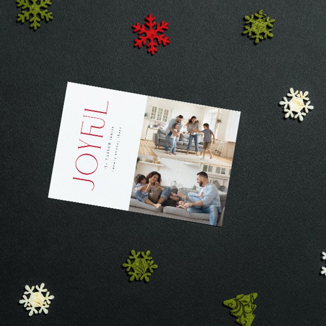 Cartão De Festividades Moderno Mínimo Joyful Red Family 2 Foto Natal (Spread Joy! Send a Personalized 'Joyful' Holiday Card 📸🎄 [Your Photo Here])