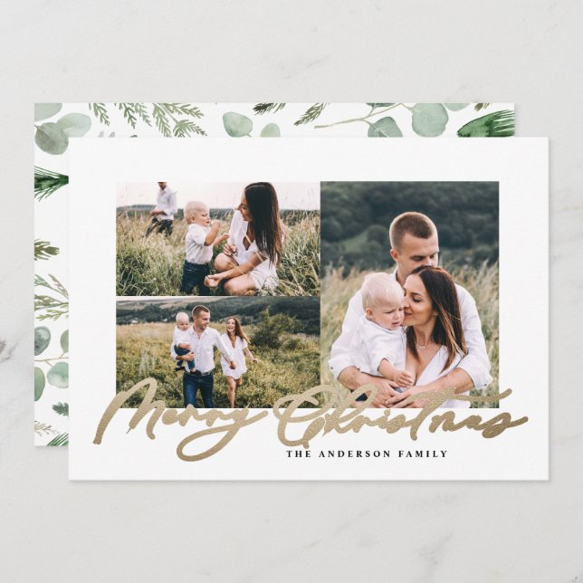 Cartão De Festividades Moderno mínimo três fotos da família de scripts de (Frente/Verso)