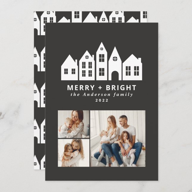 Cartão De Festividades Moderno Natal Mínimo Casas Nórdicas 3 Photo Hol (Frente/Verso)