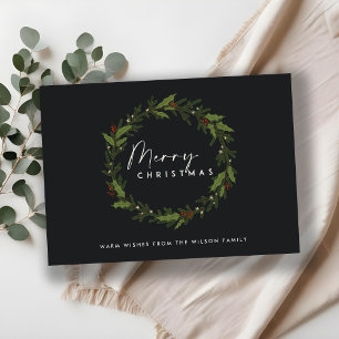 CARTÃO DE FESTIVIDADES MODERNO PRETO HOLLY BERRY WREATH MERRY NATAL