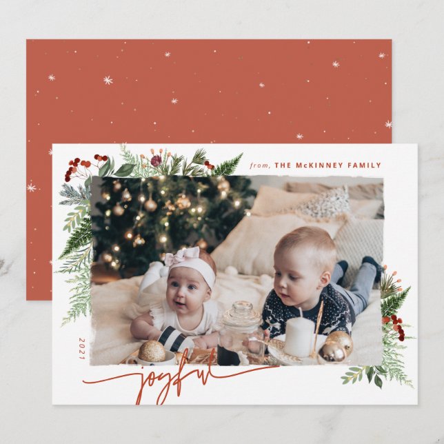 Cartão De Festividades Moderno Script Boho Verdura Terracota Ferrugem JOY (Frente/Verso)