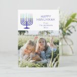 Cartão De Festividades Moderno Simples Menorah Hanukkah Foto Dois<br><div class="desc">Design de menorah simples e moderna em azul,  personalizado com seu nome e duas fotos.</div>