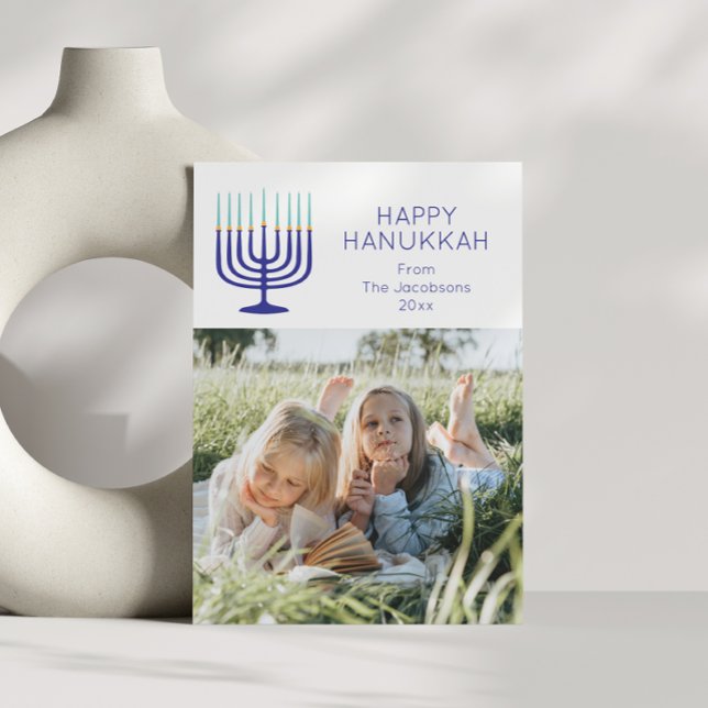 Cartão De Festividades Moderno Simples Menorah Hanukkah Foto Dois (Criador carregado)