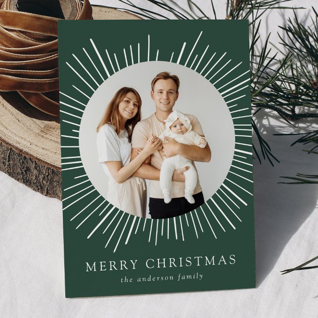 Cartão De Festividades Moderno Verde Sunburst Feliz Natal 2 Foto (Criador carregado)
