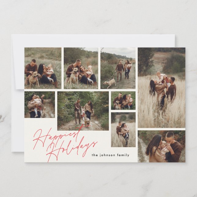 Cartão De Festividades Moderno vermelho e branco Natal 9 Foto mais feliz (Frente)