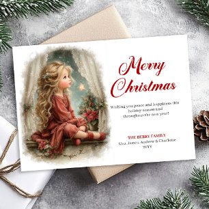Cartão De Festividades Modo Rústico Menina Espera o Papai Noel Digital