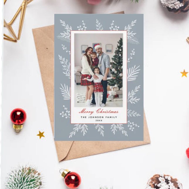 Cartão De Festividades Moldura botânica azul moderna Natal (Criador carregado)