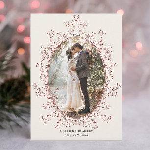 Cartão De Festividades Moldura Botânica Vermelha Elegante Foto de Casados