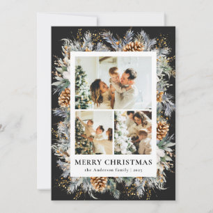 Cartão De Festividades Moldura de Foto Botânica Preta Elegante Natal