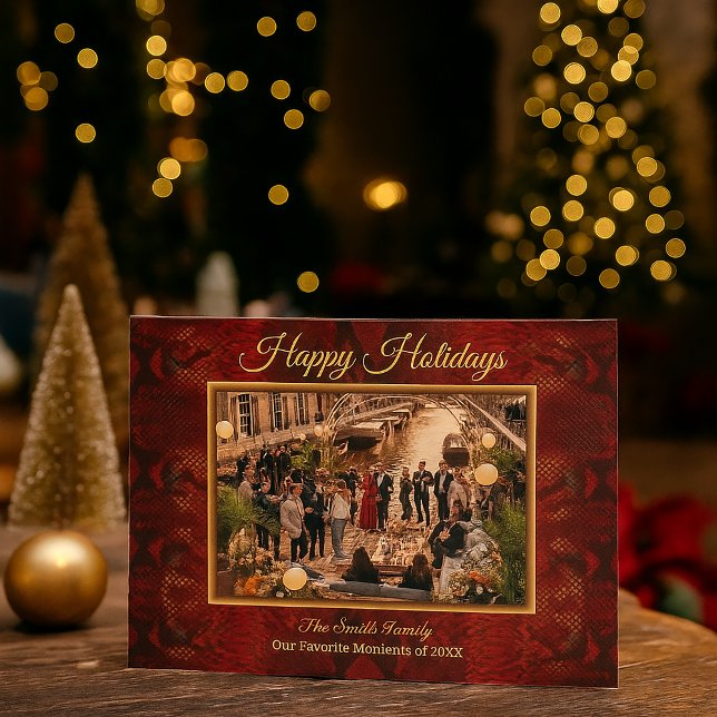 Cartão De Festividades Moldura de Foto com Estampa de Python Vermelha de  (Luxury Red Python Print Frame Photo Holiday Card)