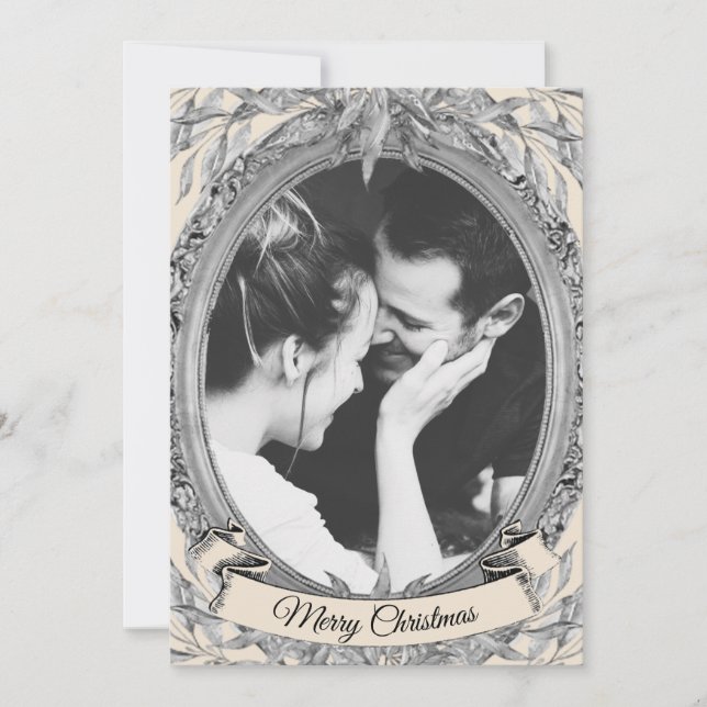 Cartão De Festividades Moldura de Foto de Folha de Prata de Férias de Nat (Frente)