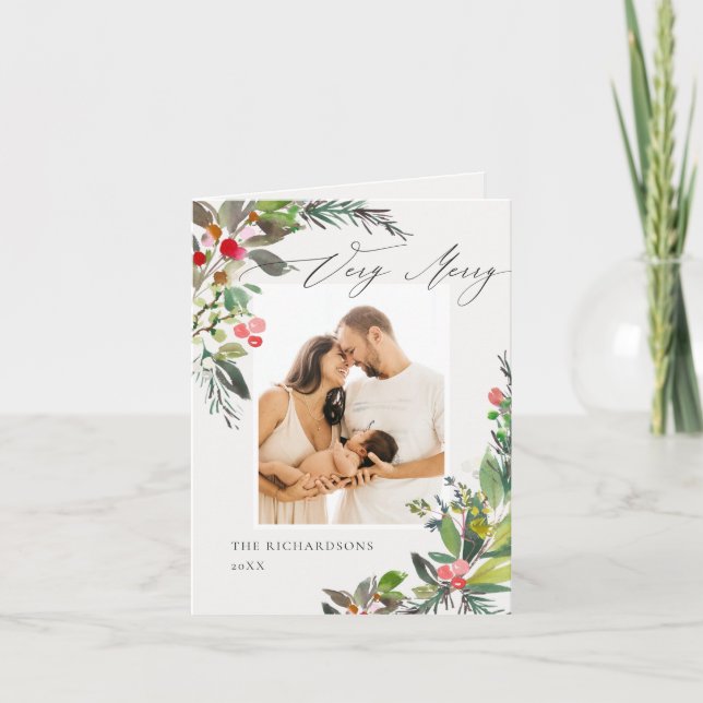 Cartão De Festividades Moldura de Foto Holly Berry Pine Natal Muito Alegr (Frente)