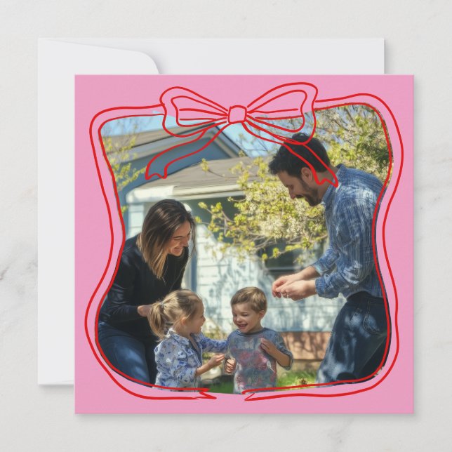 Cartão De Festividades Moldura de Laço Red Doodle Rosa Foto Personalizada (Frente)