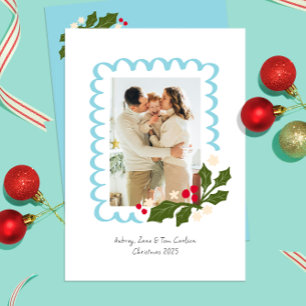 Cartão De Festividades Moldura Festiva Azul com Holly One Foto