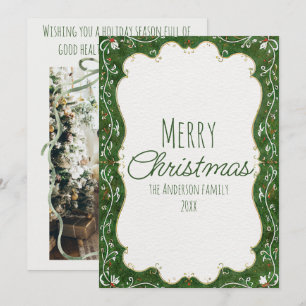 Cartão De Festividades Moldura Floral Verde Desenhada a Aquarela Natal